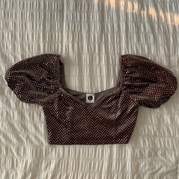 Tops - Velvet Puff Sleeve Sparkly Crop Top